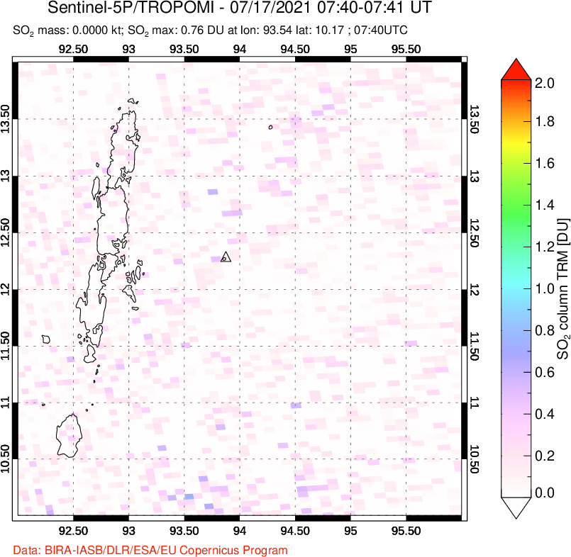 A sulfur dioxide image over Andaman Islands, Indian Ocean on Jul 17, 2021.
