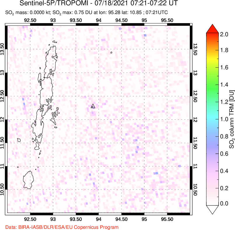 A sulfur dioxide image over Andaman Islands, Indian Ocean on Jul 18, 2021.
