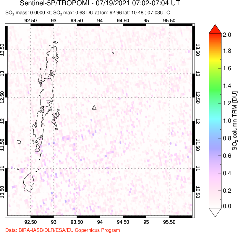 A sulfur dioxide image over Andaman Islands, Indian Ocean on Jul 19, 2021.