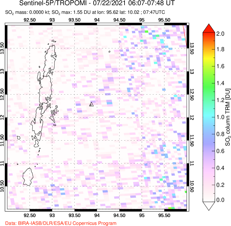 A sulfur dioxide image over Andaman Islands, Indian Ocean on Jul 22, 2021.