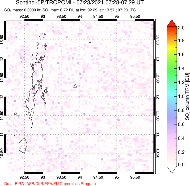 A sulfur dioxide image over Andaman Islands, Indian Ocean on Jul 23, 2021.
