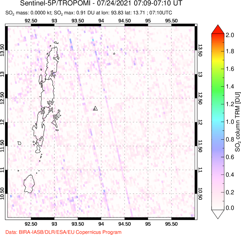 A sulfur dioxide image over Andaman Islands, Indian Ocean on Jul 24, 2021.