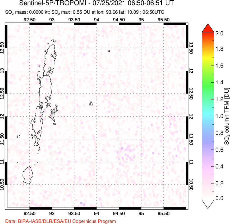 A sulfur dioxide image over Andaman Islands, Indian Ocean on Jul 25, 2021.
