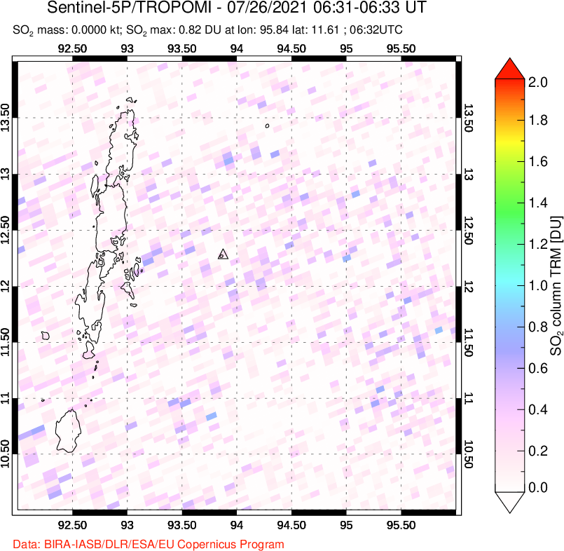 A sulfur dioxide image over Andaman Islands, Indian Ocean on Jul 26, 2021.