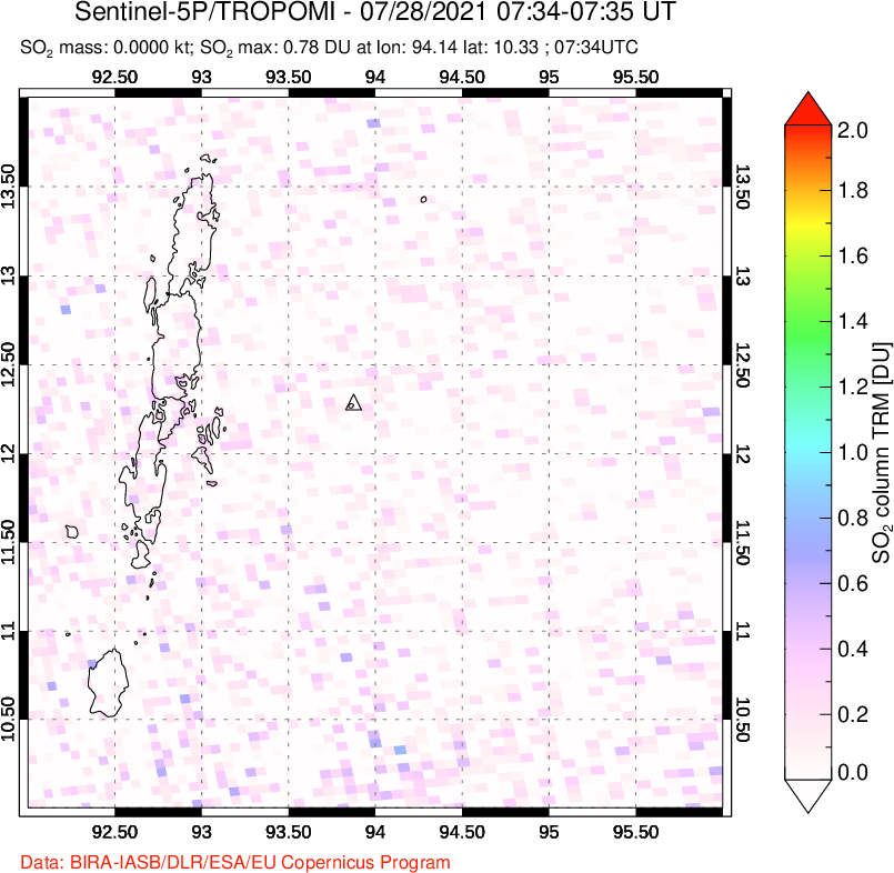 A sulfur dioxide image over Andaman Islands, Indian Ocean on Jul 28, 2021.