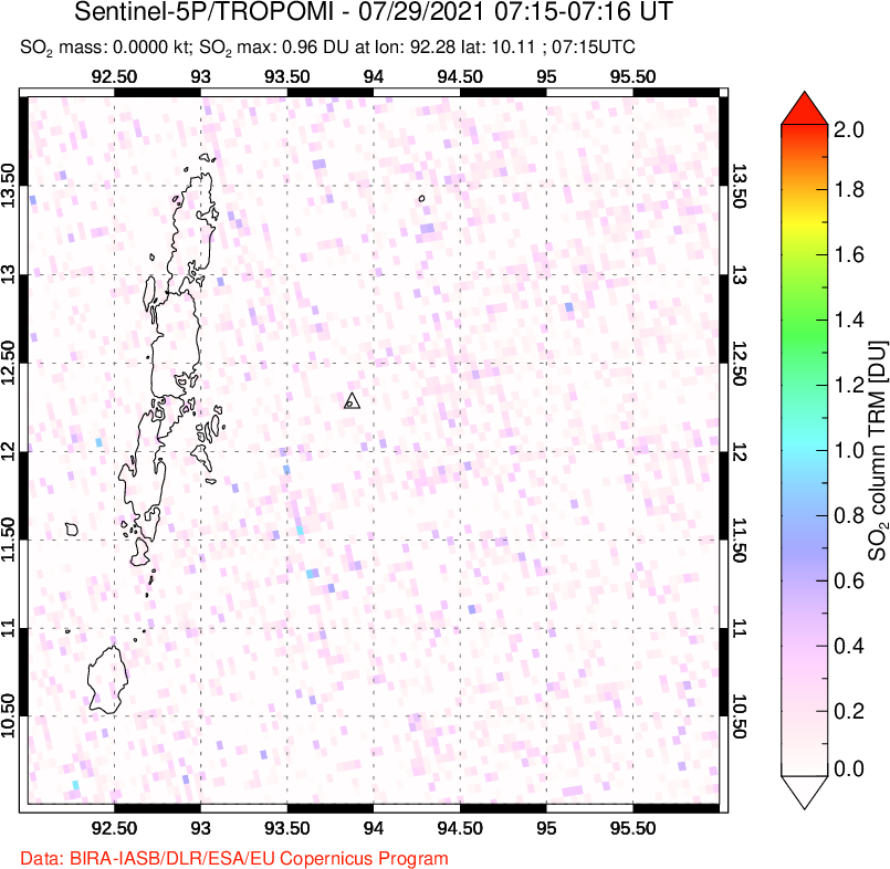 A sulfur dioxide image over Andaman Islands, Indian Ocean on Jul 29, 2021.