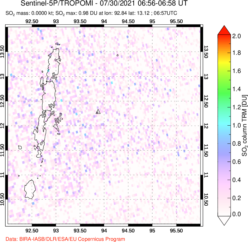 A sulfur dioxide image over Andaman Islands, Indian Ocean on Jul 30, 2021.