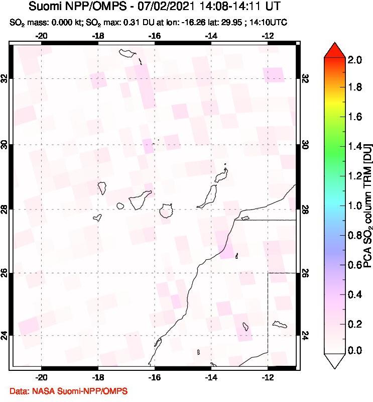 A sulfur dioxide image over Canary Islands on Jul 02, 2021.