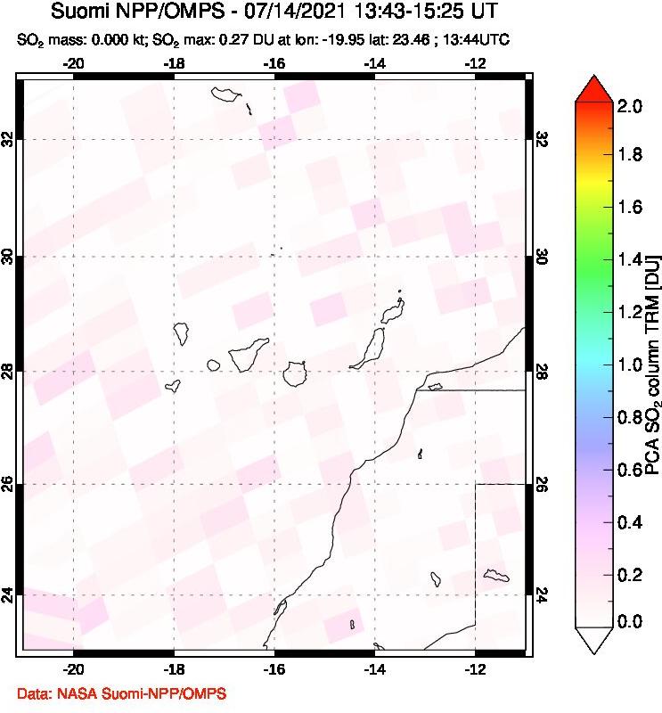 A sulfur dioxide image over Canary Islands on Jul 14, 2021.