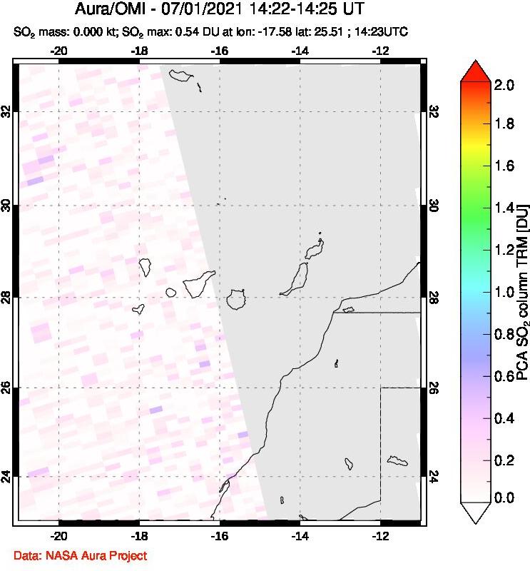 A sulfur dioxide image over Canary Islands on Jul 01, 2021.