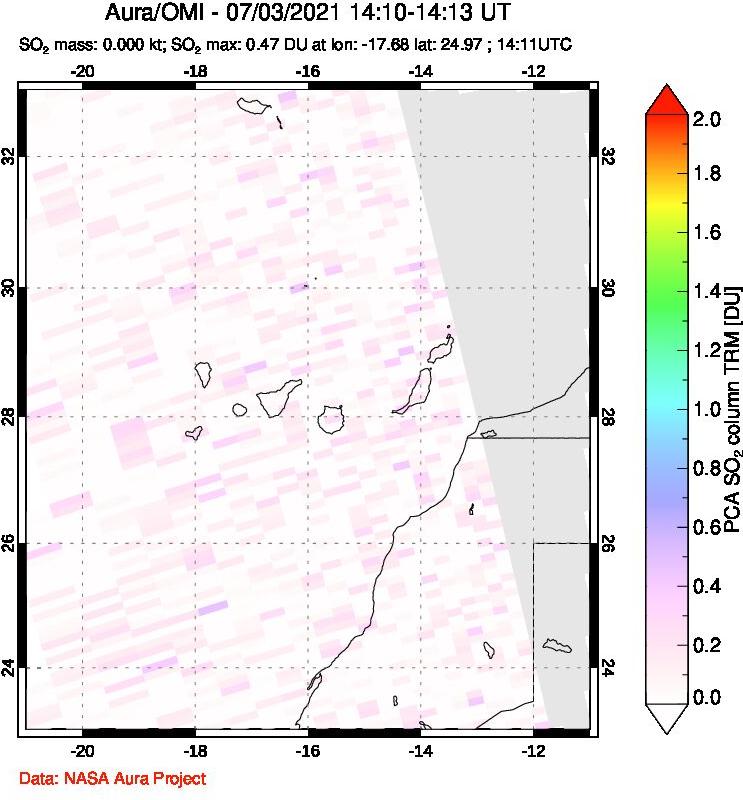 A sulfur dioxide image over Canary Islands on Jul 03, 2021.