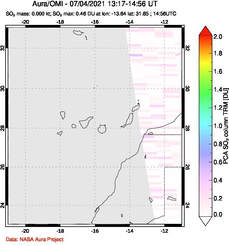 A sulfur dioxide image over Canary Islands on Jul 04, 2021.