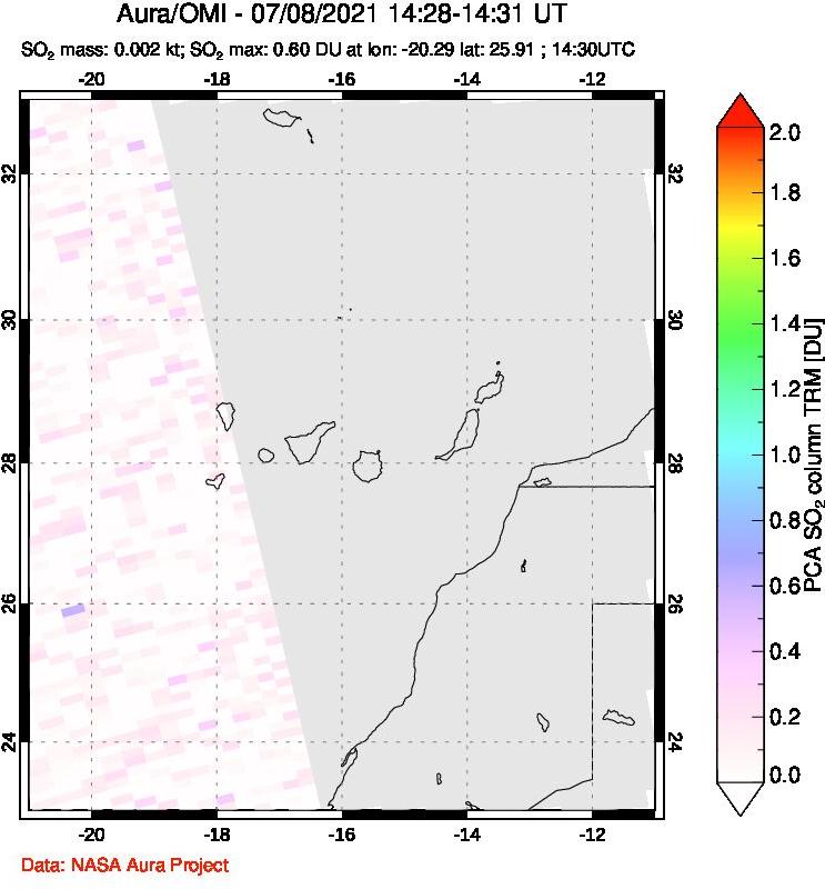 A sulfur dioxide image over Canary Islands on Jul 08, 2021.