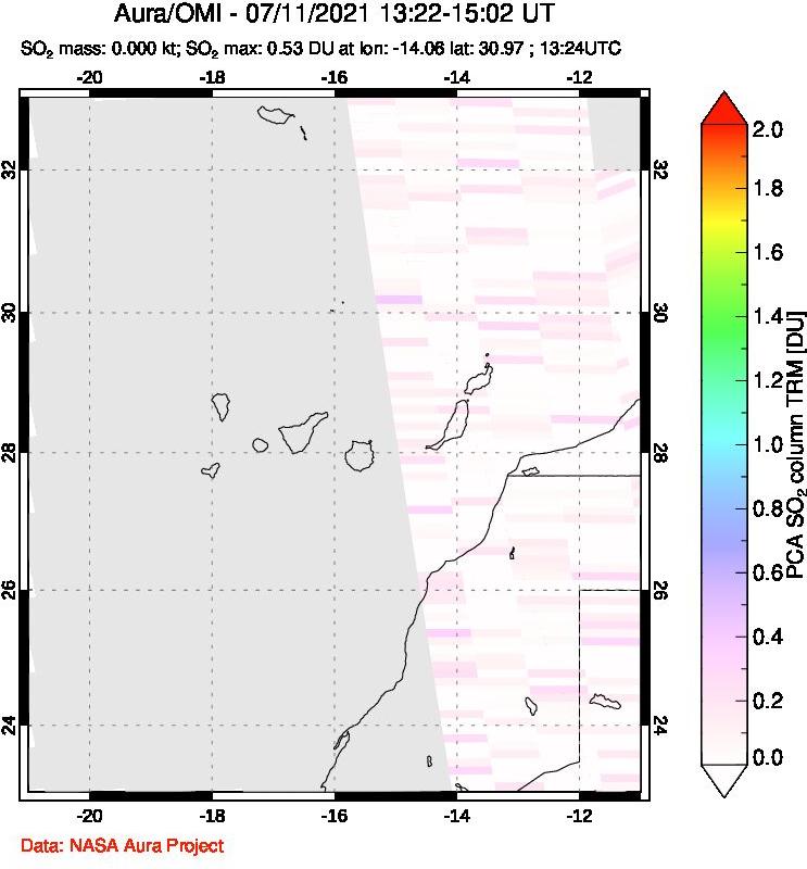 A sulfur dioxide image over Canary Islands on Jul 11, 2021.