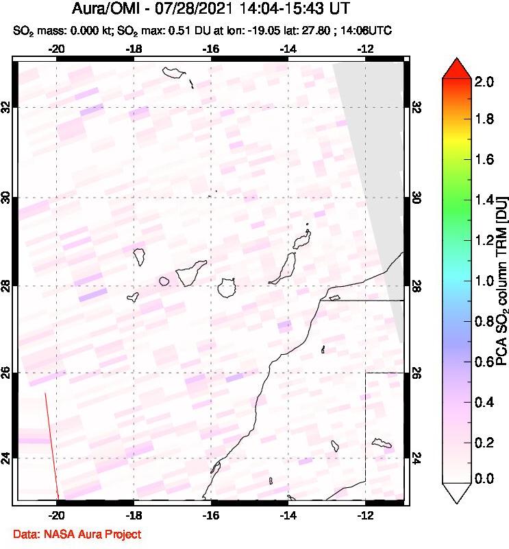 A sulfur dioxide image over Canary Islands on Jul 28, 2021.