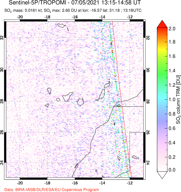 A sulfur dioxide image over Canary Islands on Jul 05, 2021.