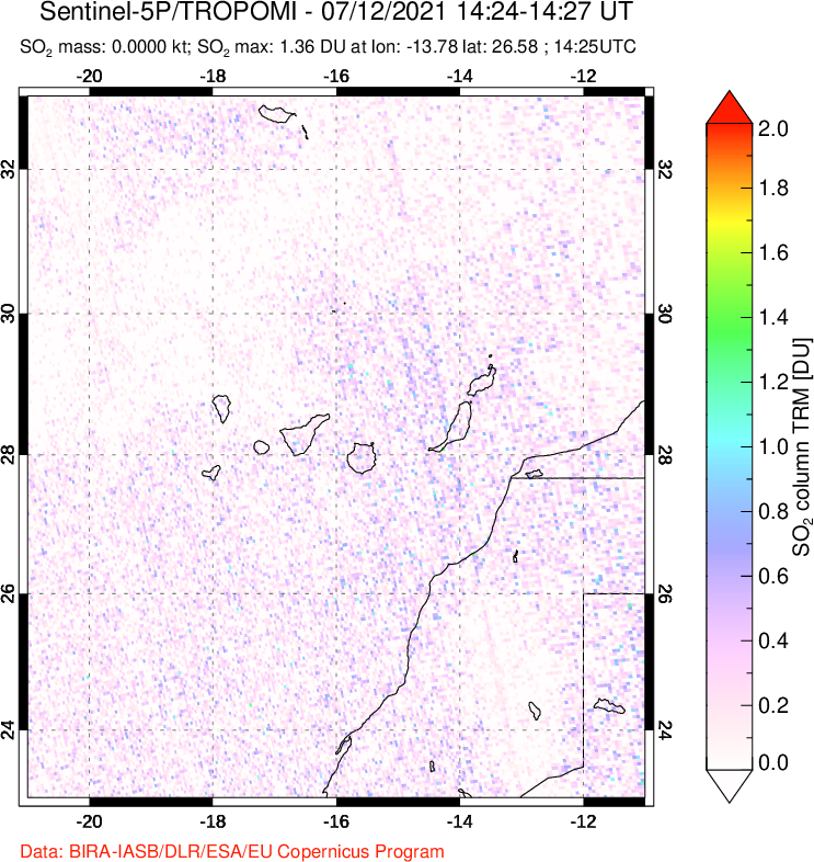 A sulfur dioxide image over Canary Islands on Jul 12, 2021.