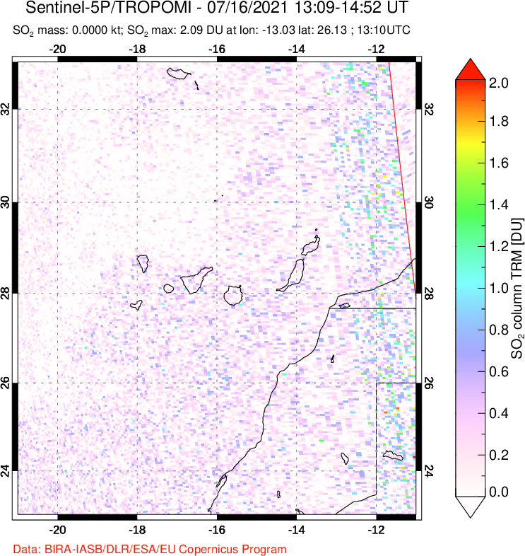 A sulfur dioxide image over Canary Islands on Jul 16, 2021.