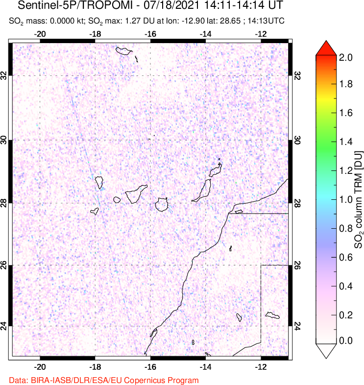 A sulfur dioxide image over Canary Islands on Jul 18, 2021.