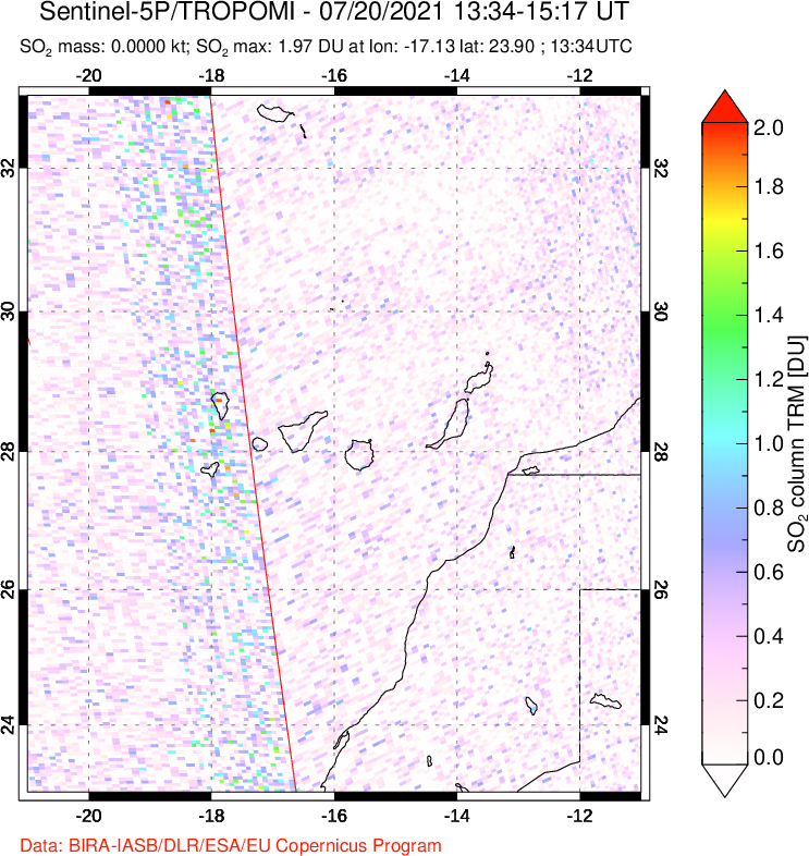 A sulfur dioxide image over Canary Islands on Jul 20, 2021.