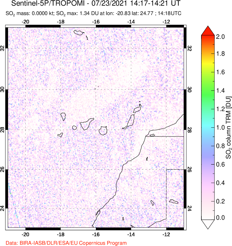 A sulfur dioxide image over Canary Islands on Jul 23, 2021.