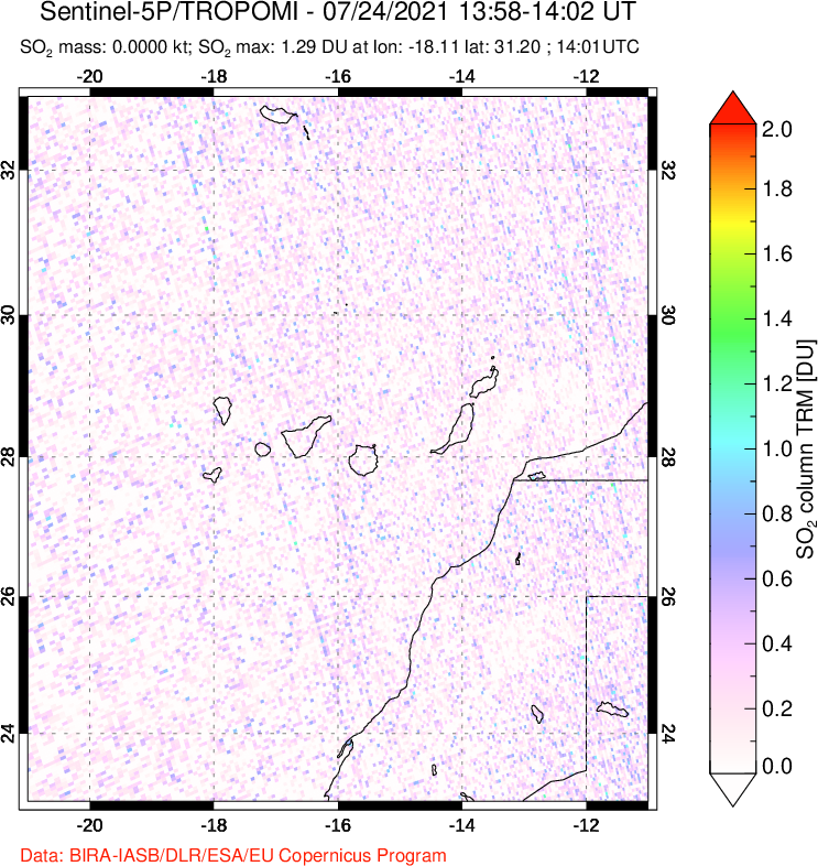 A sulfur dioxide image over Canary Islands on Jul 24, 2021.