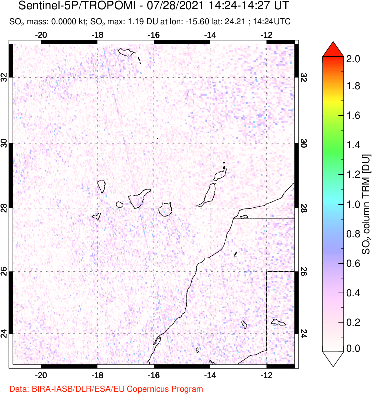 A sulfur dioxide image over Canary Islands on Jul 28, 2021.