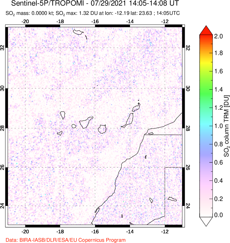 A sulfur dioxide image over Canary Islands on Jul 29, 2021.