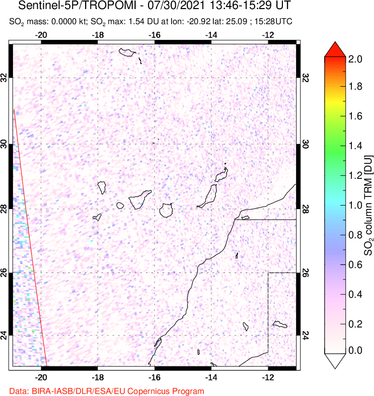 A sulfur dioxide image over Canary Islands on Jul 30, 2021.