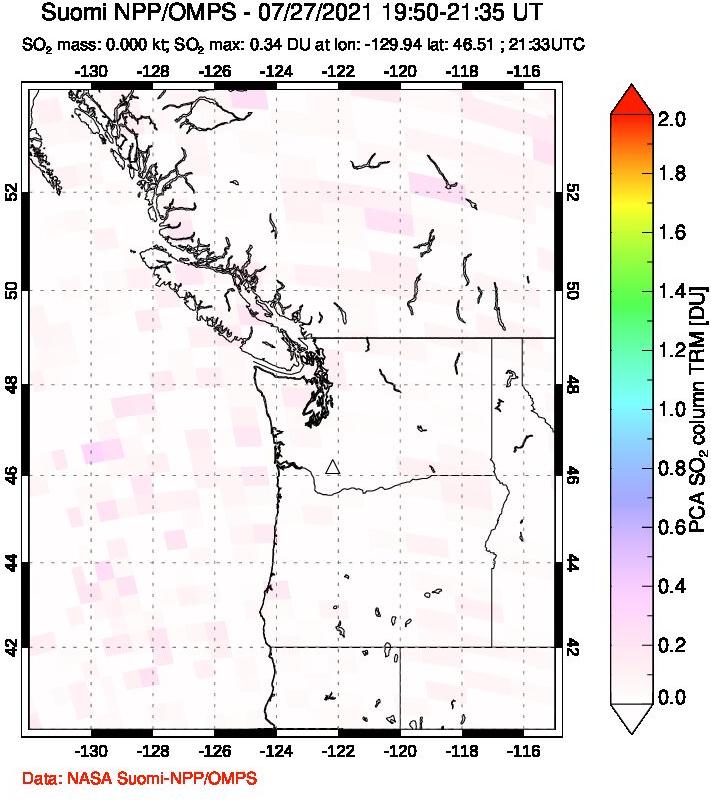A sulfur dioxide image over Cascade Range, USA on Jul 27, 2021.