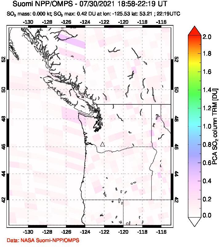 A sulfur dioxide image over Cascade Range, USA on Jul 30, 2021.