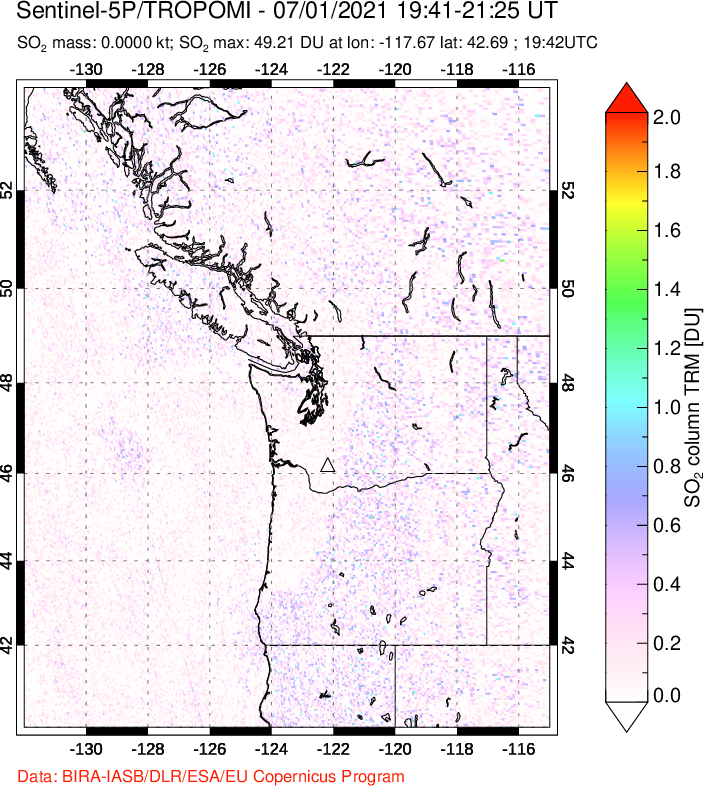 A sulfur dioxide image over Cascade Range, USA on Jul 01, 2021.