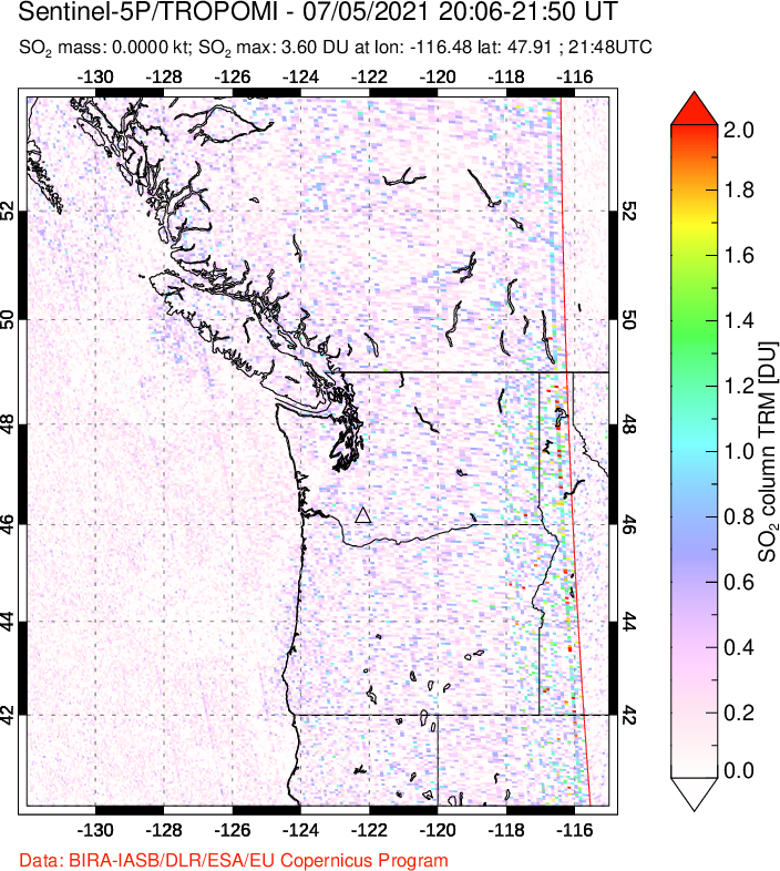A sulfur dioxide image over Cascade Range, USA on Jul 05, 2021.