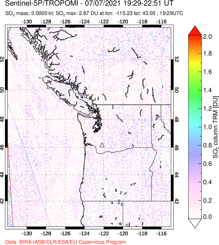 A sulfur dioxide image over Cascade Range, USA on Jul 07, 2021.
