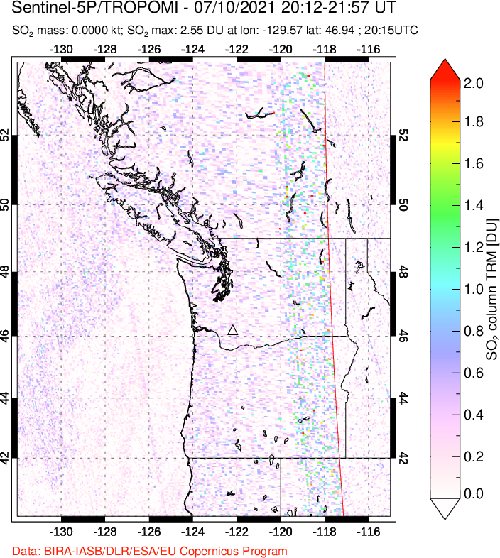 A sulfur dioxide image over Cascade Range, USA on Jul 10, 2021.