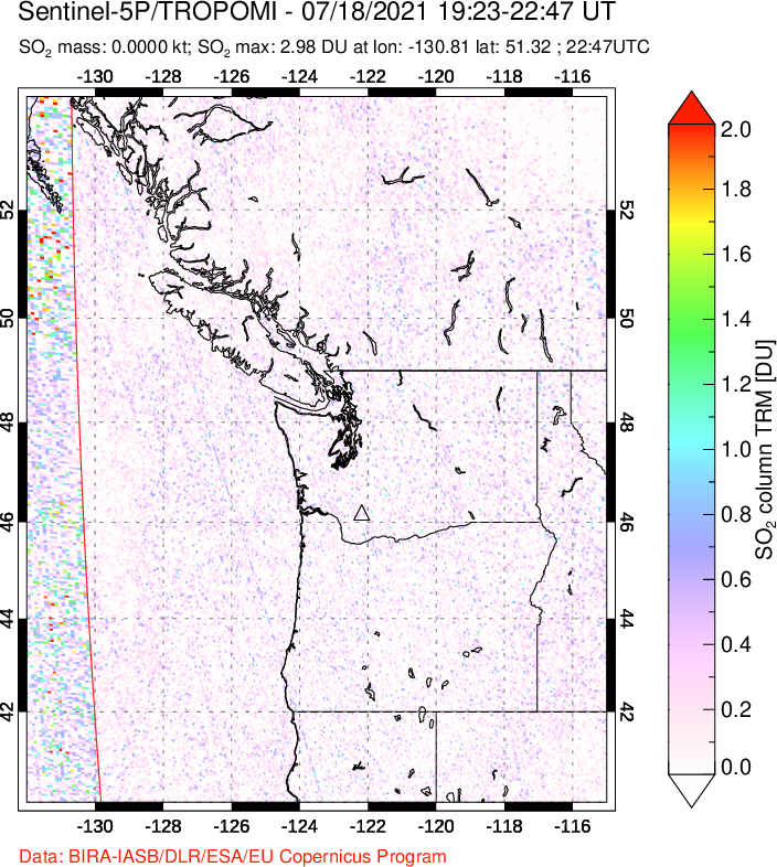 A sulfur dioxide image over Cascade Range, USA on Jul 18, 2021.