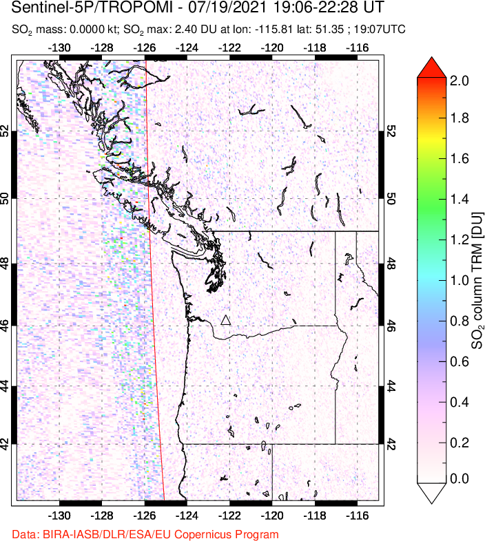 A sulfur dioxide image over Cascade Range, USA on Jul 19, 2021.