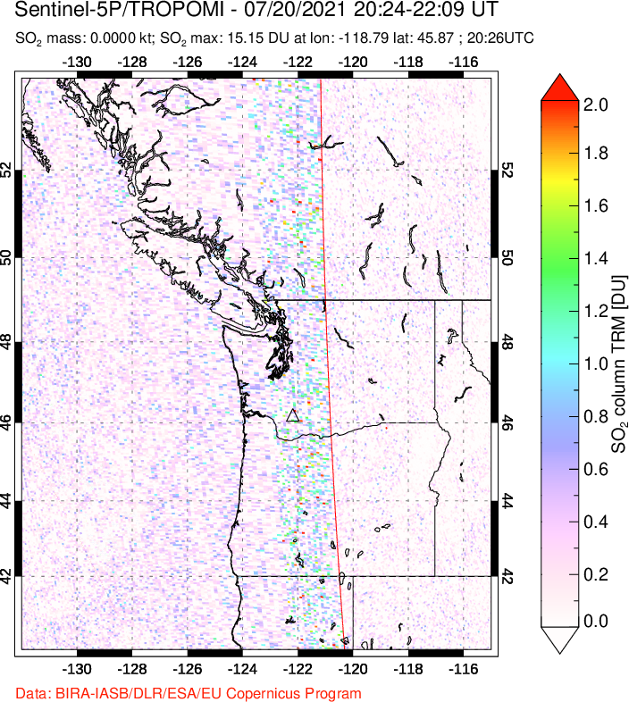 A sulfur dioxide image over Cascade Range, USA on Jul 20, 2021.