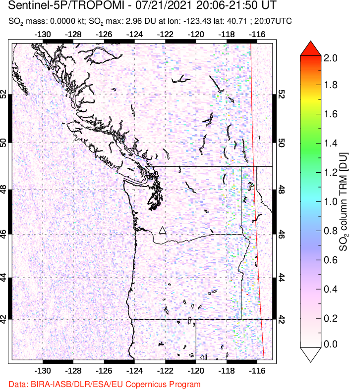 A sulfur dioxide image over Cascade Range, USA on Jul 21, 2021.