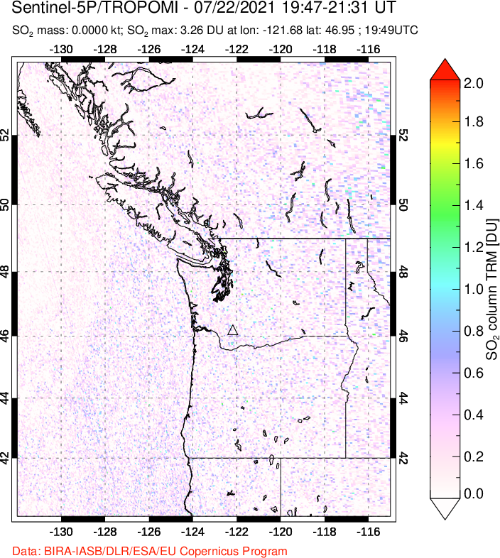 A sulfur dioxide image over Cascade Range, USA on Jul 22, 2021.