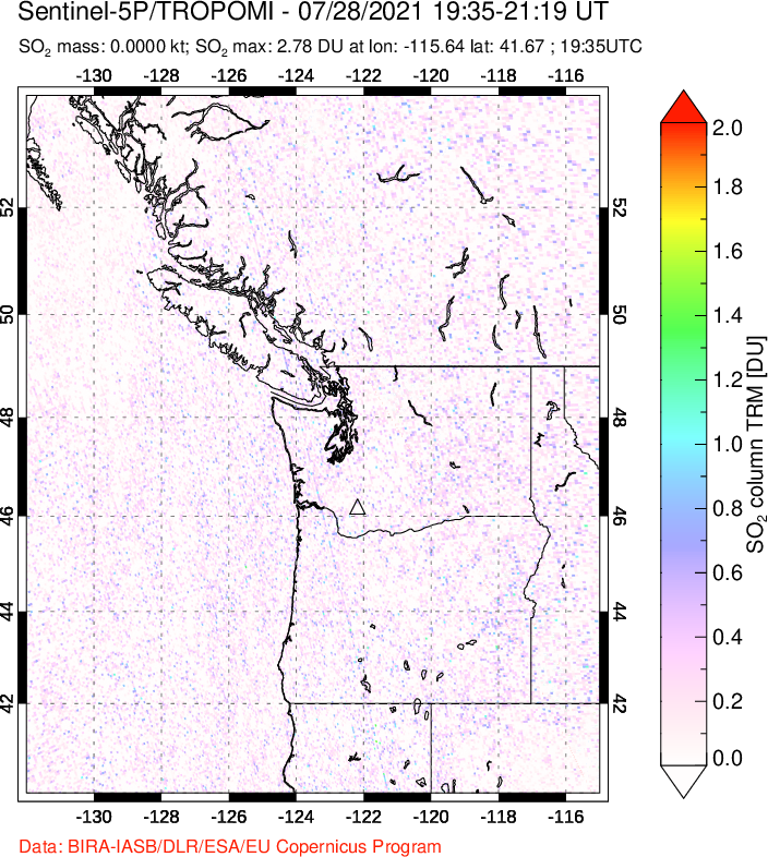 A sulfur dioxide image over Cascade Range, USA on Jul 28, 2021.