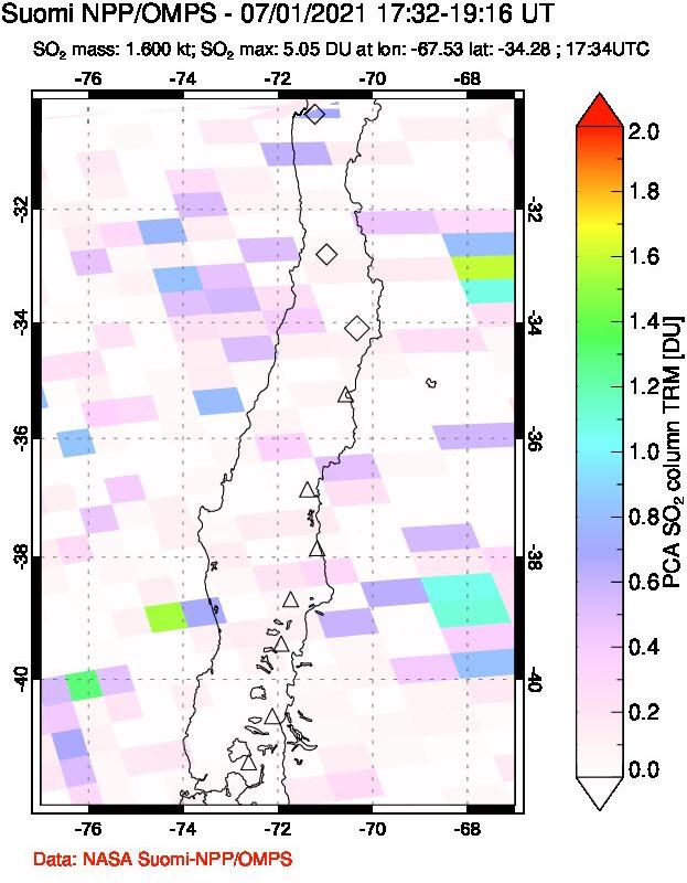A sulfur dioxide image over Central Chile on Jul 01, 2021.