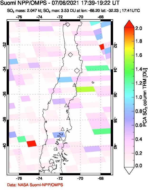 A sulfur dioxide image over Central Chile on Jul 06, 2021.