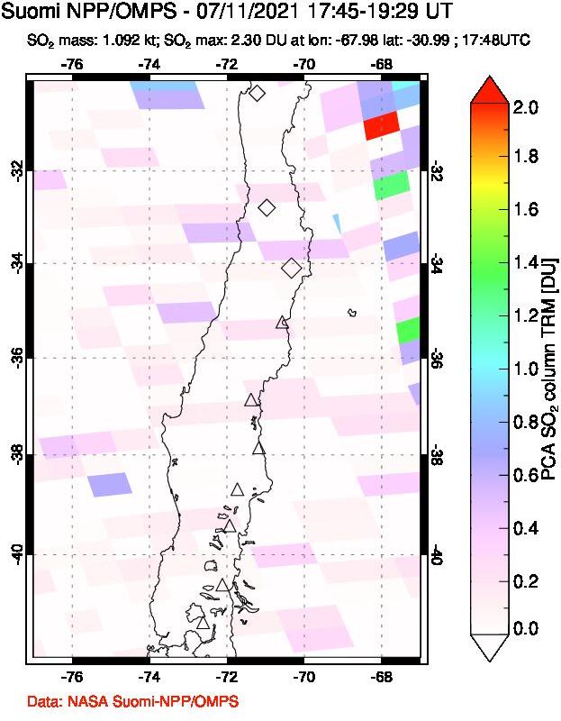 A sulfur dioxide image over Central Chile on Jul 11, 2021.