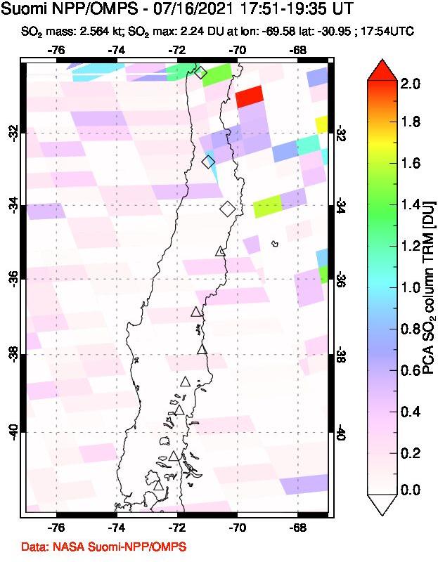 A sulfur dioxide image over Central Chile on Jul 16, 2021.