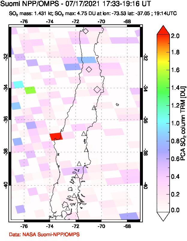 A sulfur dioxide image over Central Chile on Jul 17, 2021.
