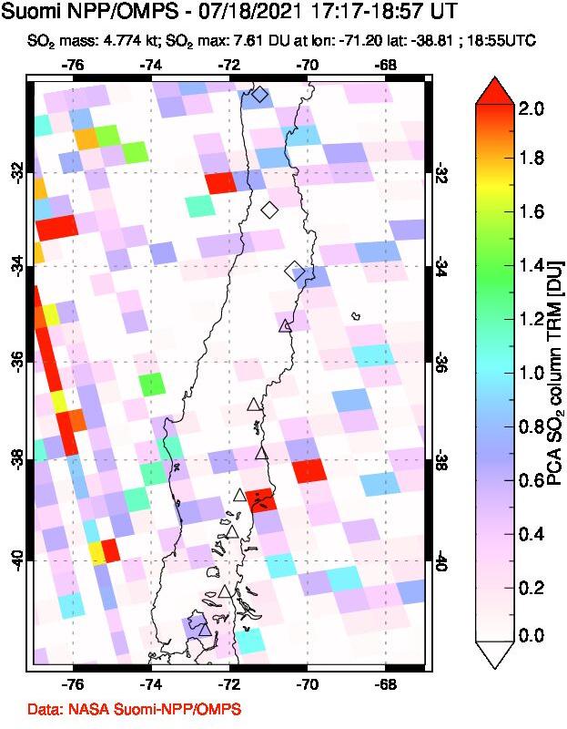 A sulfur dioxide image over Central Chile on Jul 18, 2021.