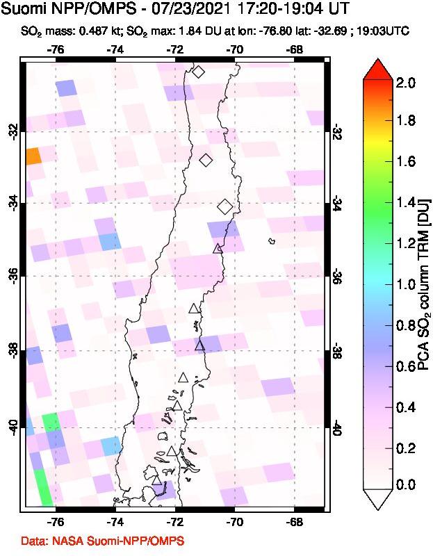 A sulfur dioxide image over Central Chile on Jul 23, 2021.
