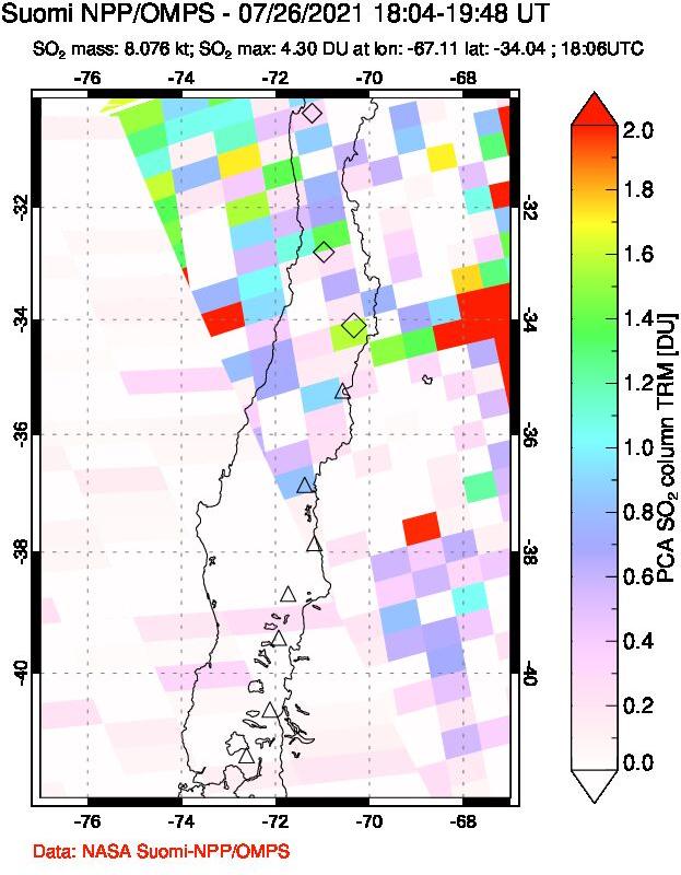 A sulfur dioxide image over Central Chile on Jul 26, 2021.