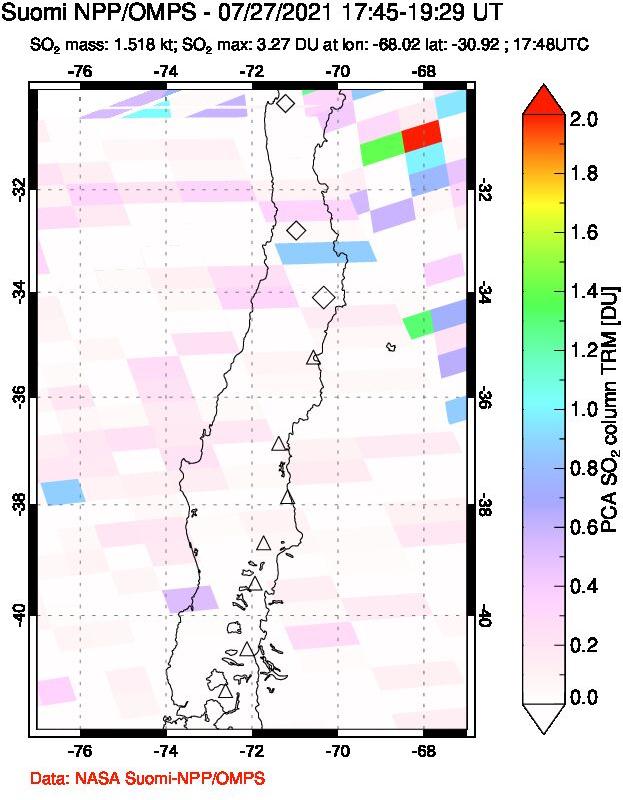 A sulfur dioxide image over Central Chile on Jul 27, 2021.